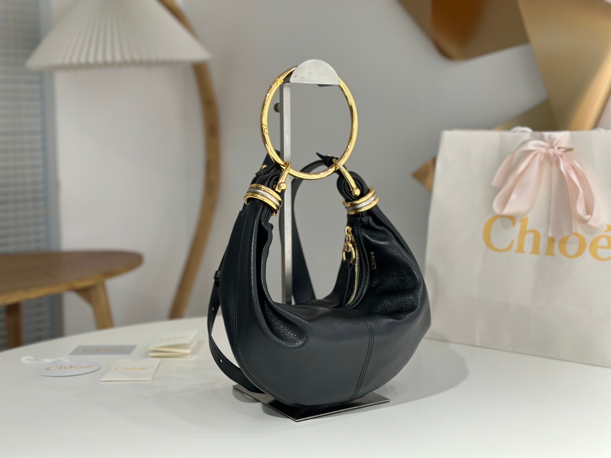 Chloe Small Bracelet Hobo Bag In Black Grained Leather